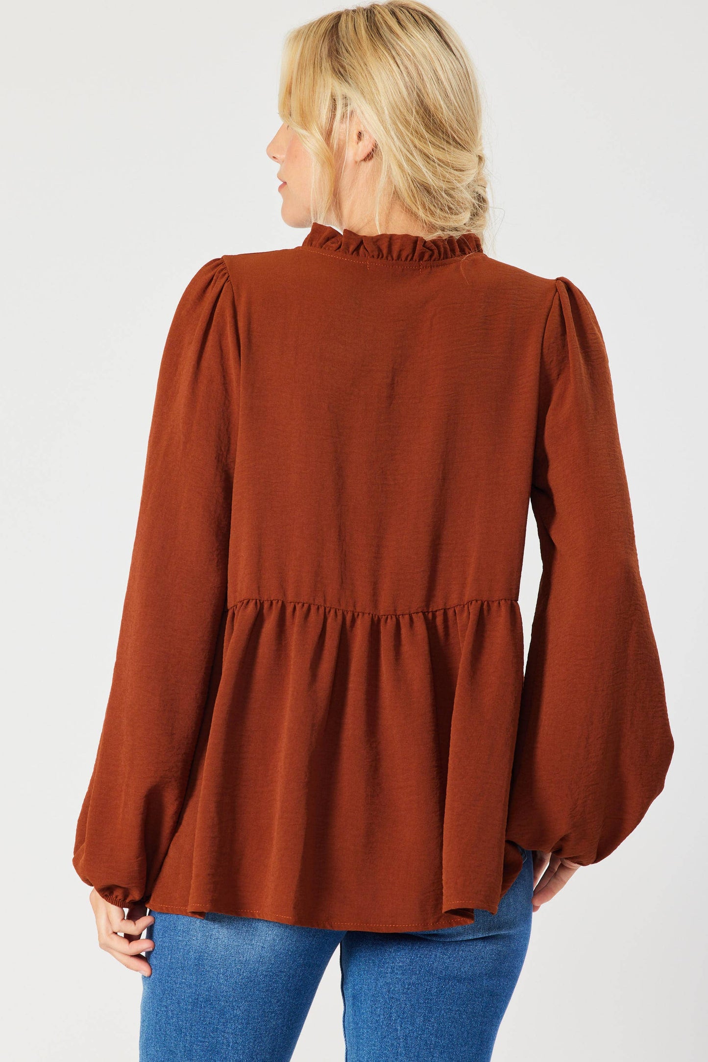 ST3073-A - SOLID LONG SLEEVE PEPLUM  TOP WITH RUFFLE COLLAR