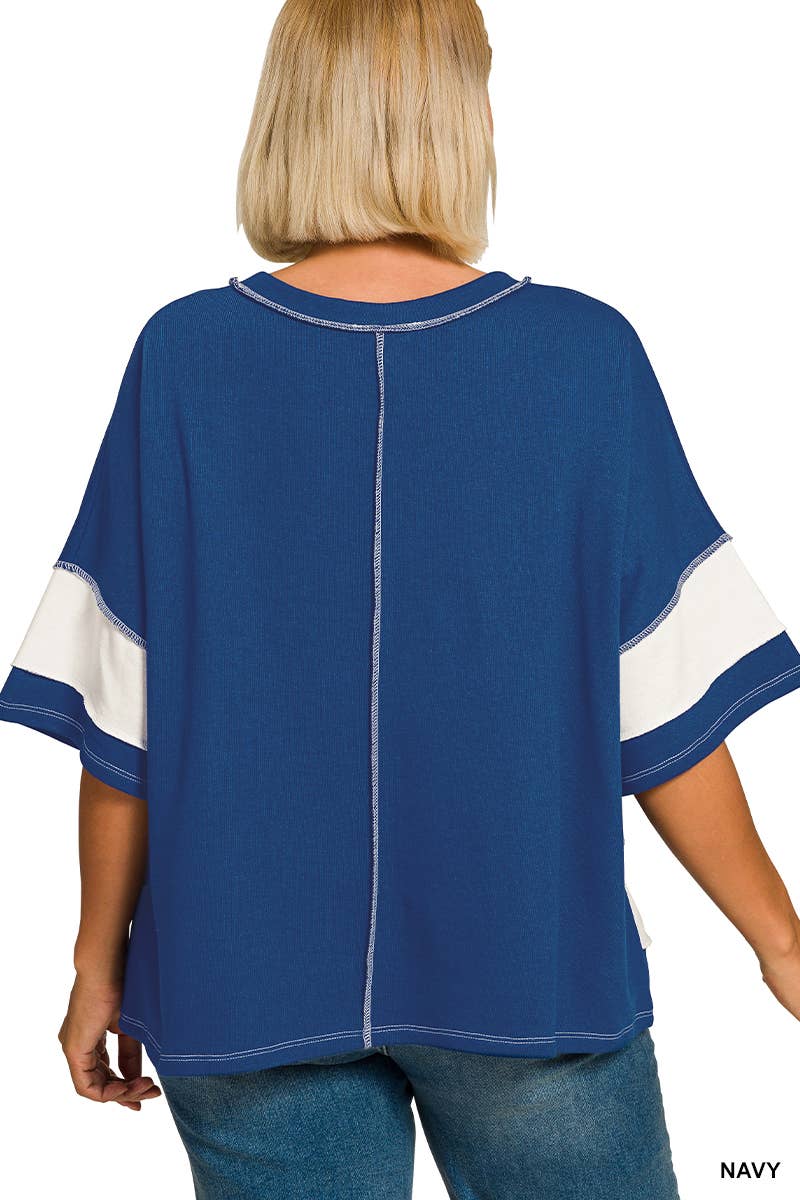 Plus French Terry Striped Exposed Seam Top - Zenana