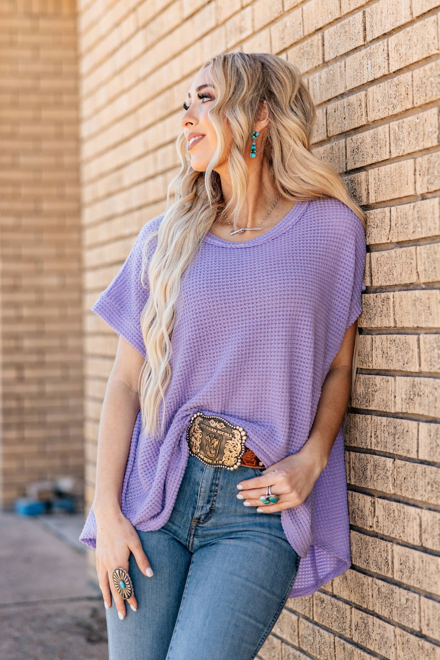 Round Neckline Crochet Poncho Sleeve Top: NAVY / S/M