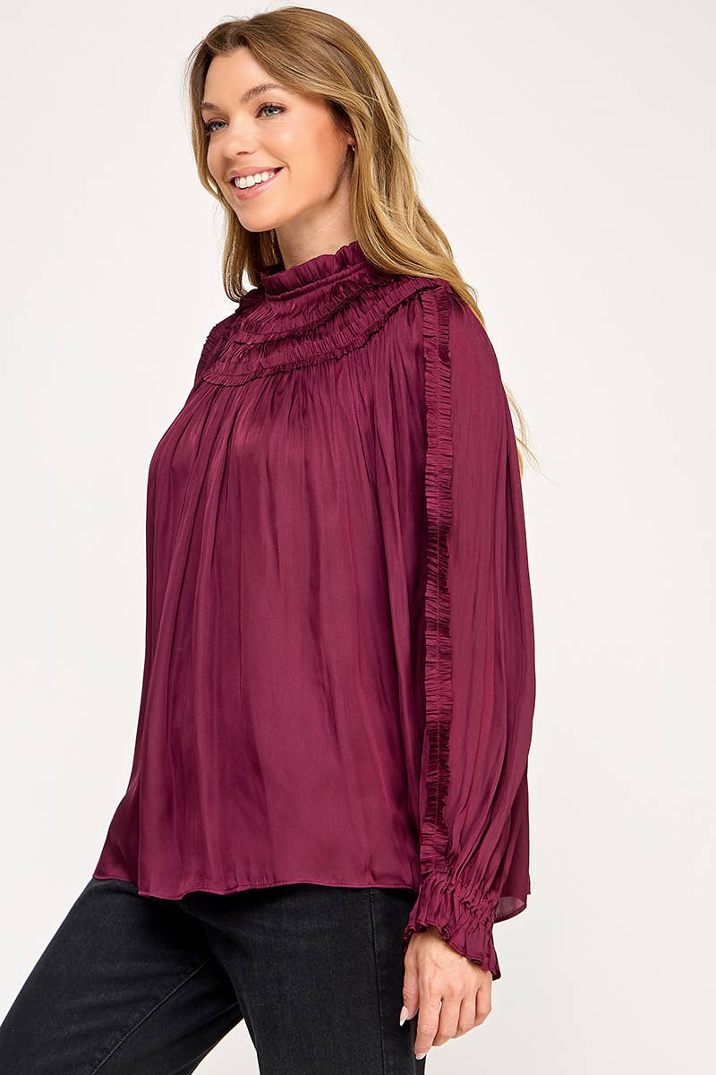 IT3477 - RUFFLED LONG SLEEVES SATIN TOP