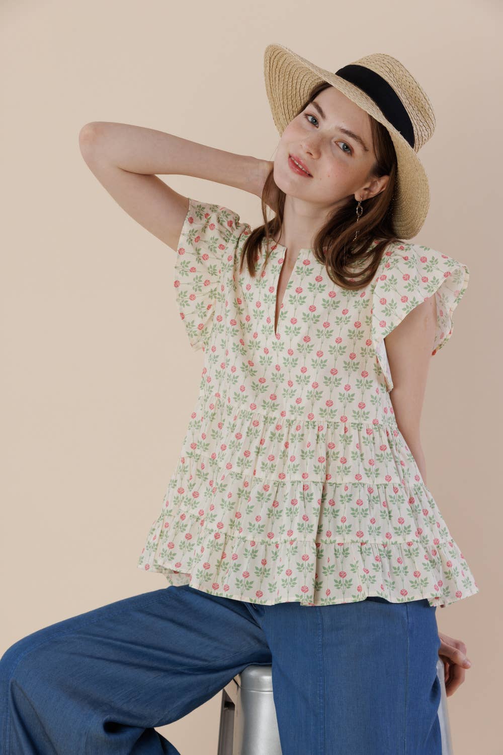 Floral Flutter Sleeve Tiered Blouse with Split Neck
