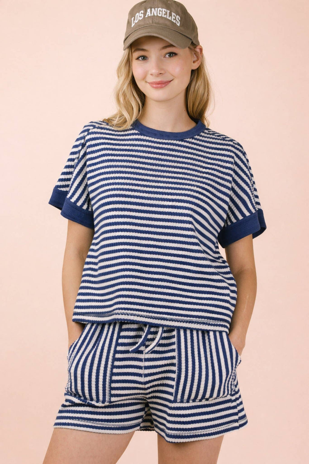 NT12480SET-Striped Comfy Knit Top & Shorts Set