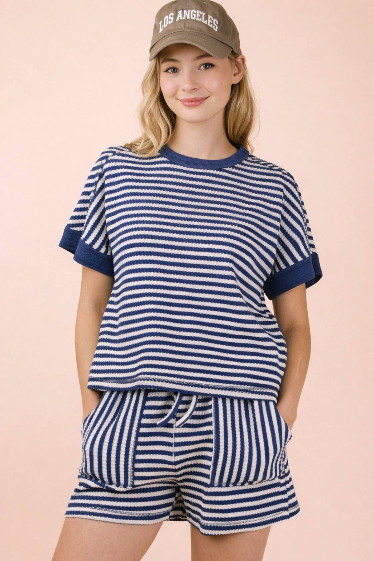 NT12480SET-Striped Comfy Knit Top & Shorts Set