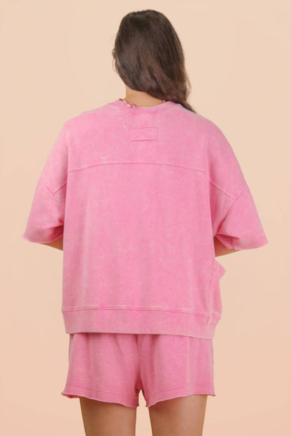 NT12429SETX-PLUS SIZE Mineral Washed Knit Casual Top & Shorts