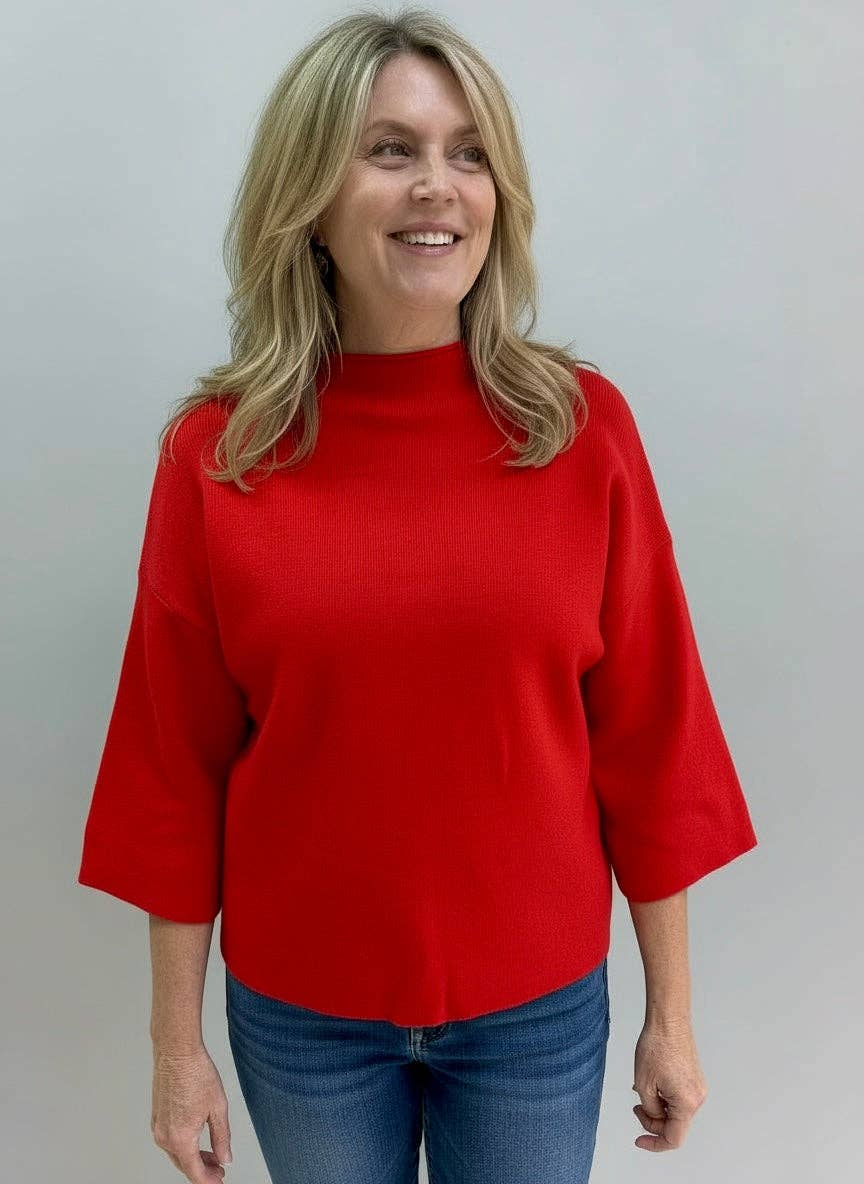 MBT-4095 Mock Neck 3/4 Wide Sleeve Sweater Top Black