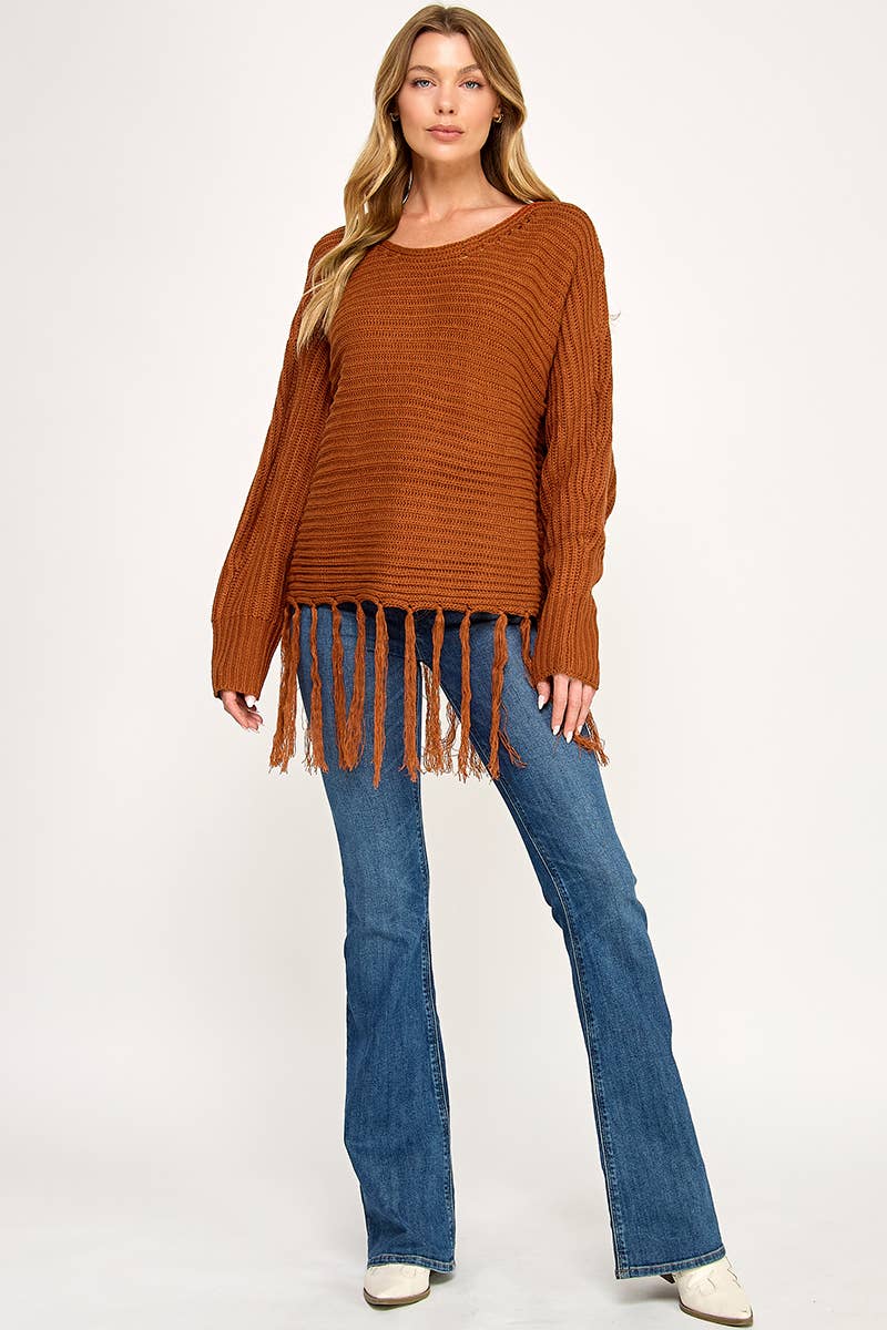 IT3453 - LONG SLEEVE SOLID BOAT NECK SWEATER WITH FRINGE