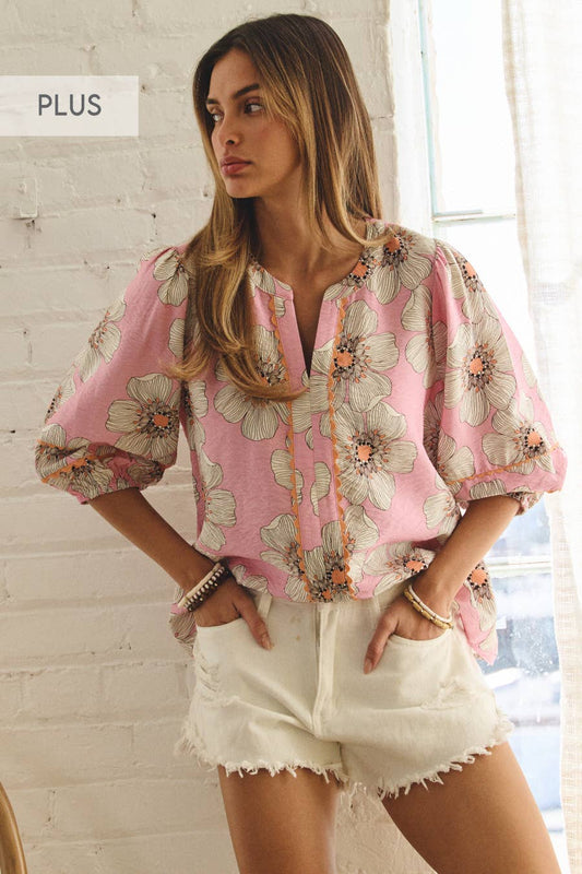 Plus Floral Printed 3/4 Sleeve Blouse