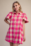 Checkered Mini Dress With Collar Neck Covered Button Down