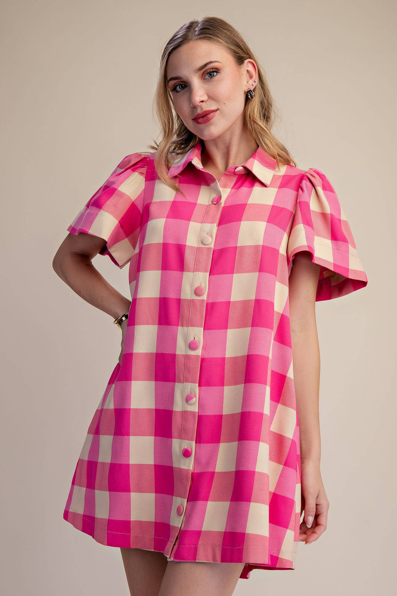 Checkered Mini Dress With Collar Neck Covered Button Down