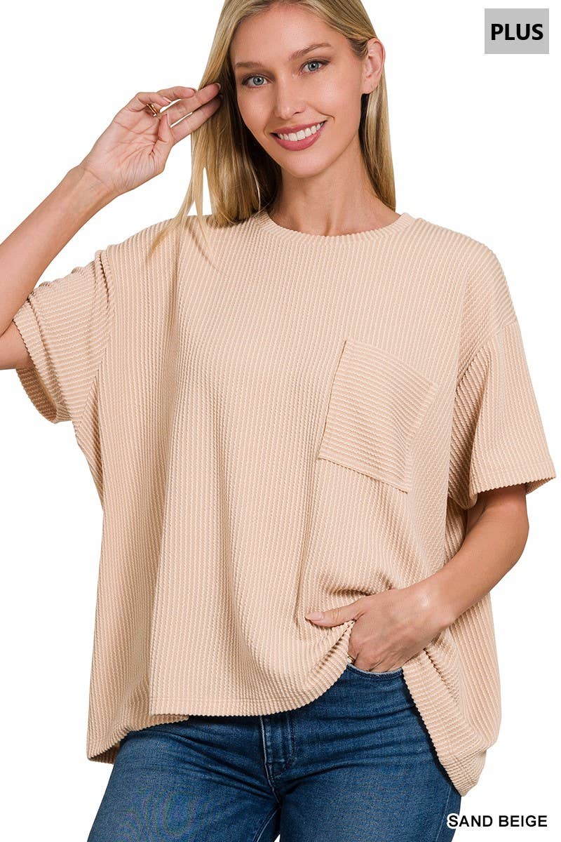 0107 Plus Raised Rib Short Sleeve Front Pocket Top SI-28942