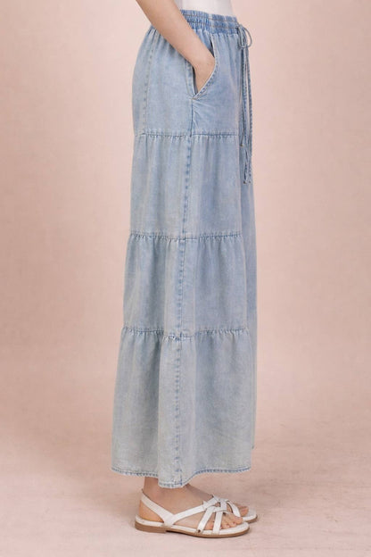 NP70989-Tiered Layers Mineral Washed Chambray Pants