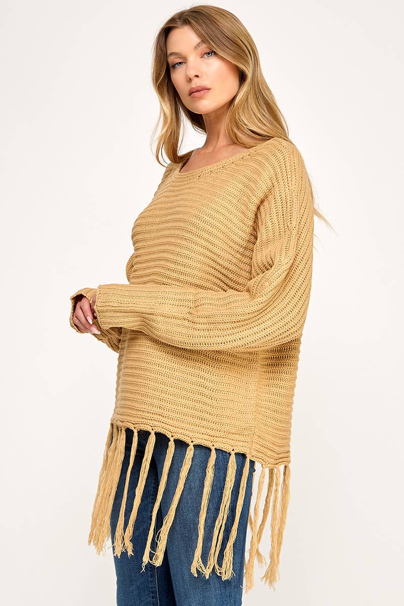 IT3453 - LONG SLEEVE SOLID BOAT NECK SWEATER WITH FRINGE
