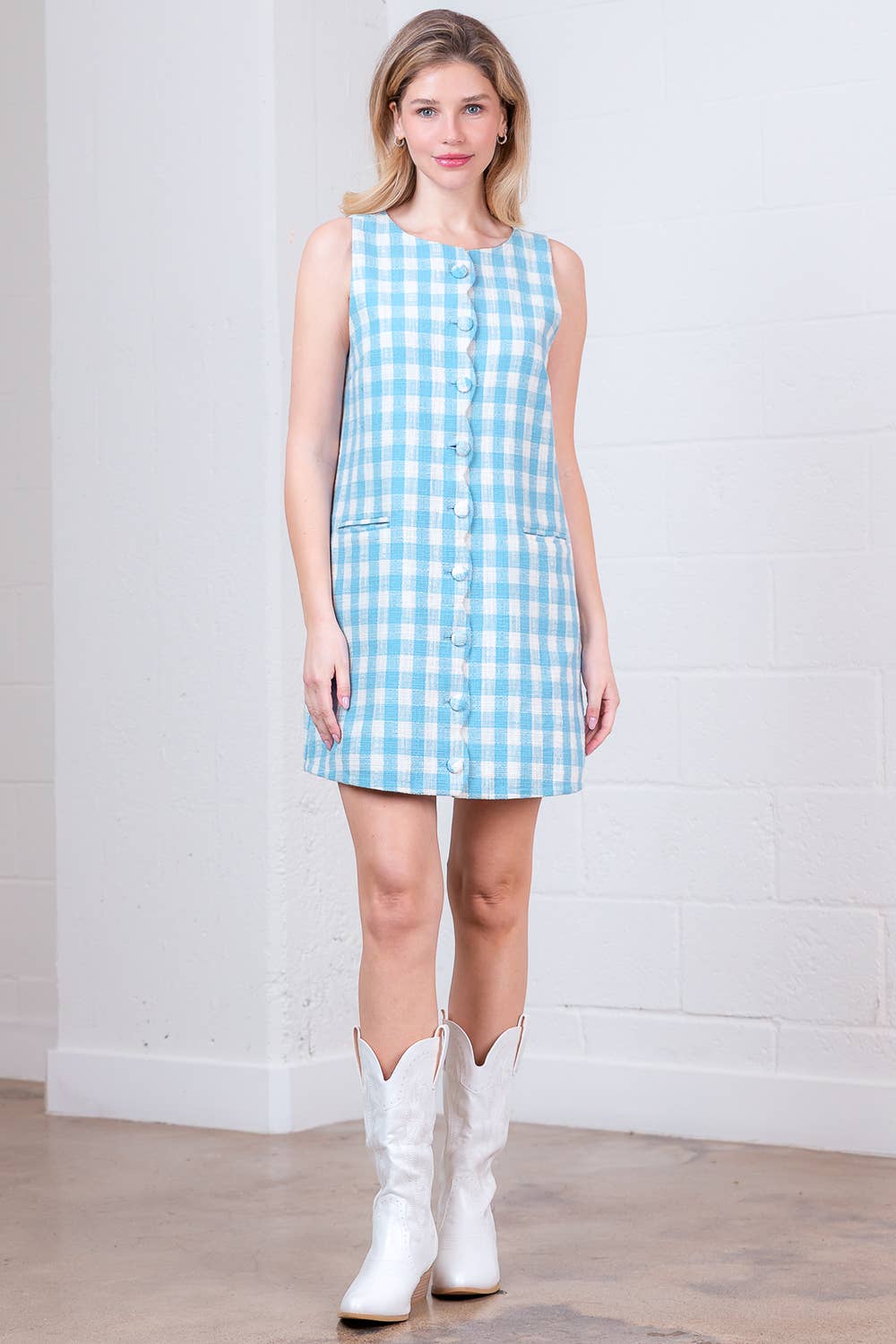 HD30291T-SLVLESS SIDE WELT POCKET A-LINE GINGHAM MINI DRESS