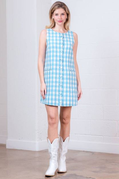 HD30291T-SLVLESS SIDE WELT POCKET A-LINE GINGHAM MINI DRESS