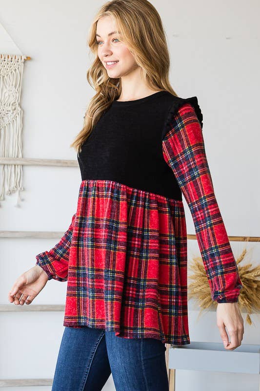 ET6757-13 SOLID AND MULTI COLOR PLAID BABYDOLL TOP