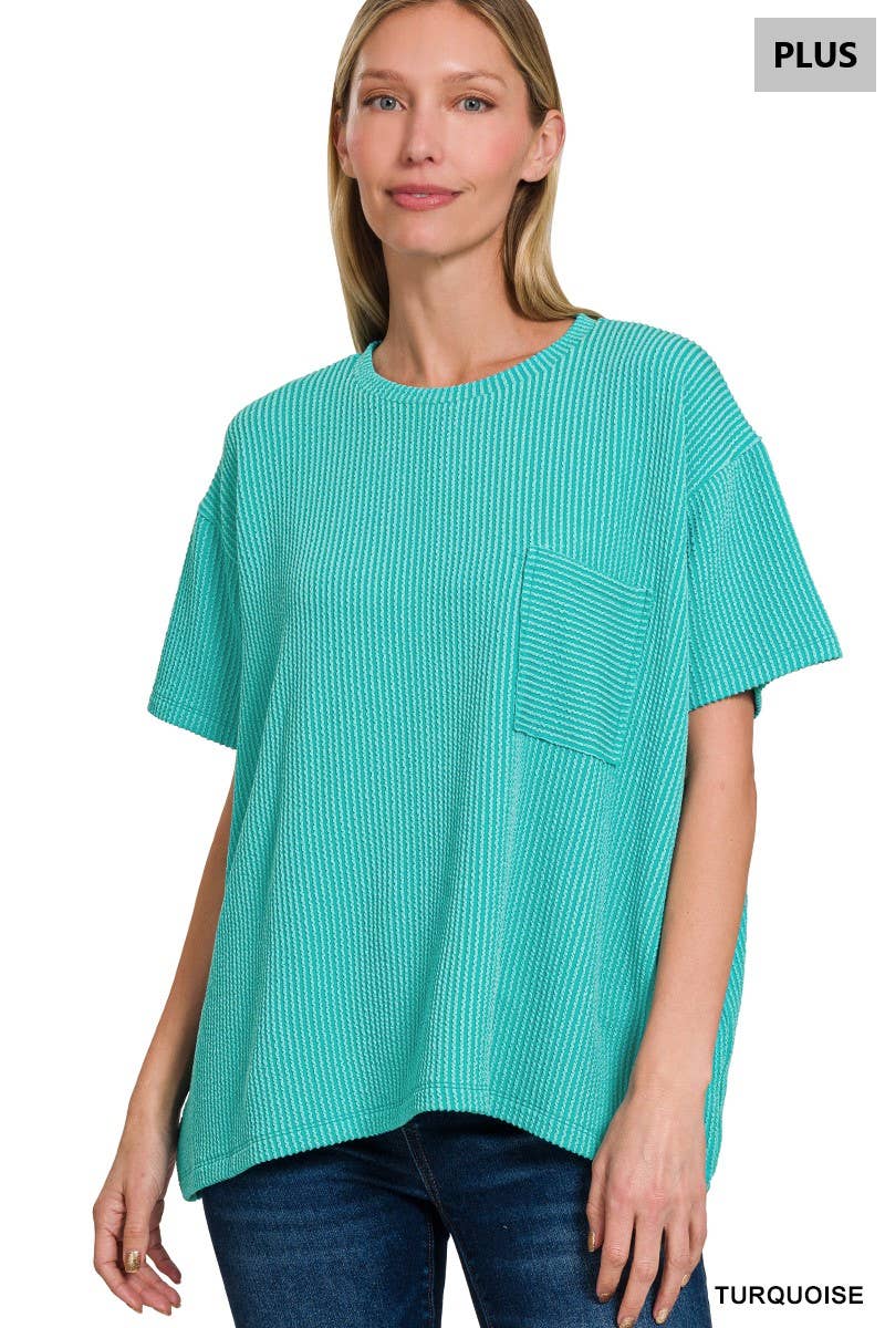 0107 Plus Raised Rib Short Sleeve Front Pocket Top SI-28942