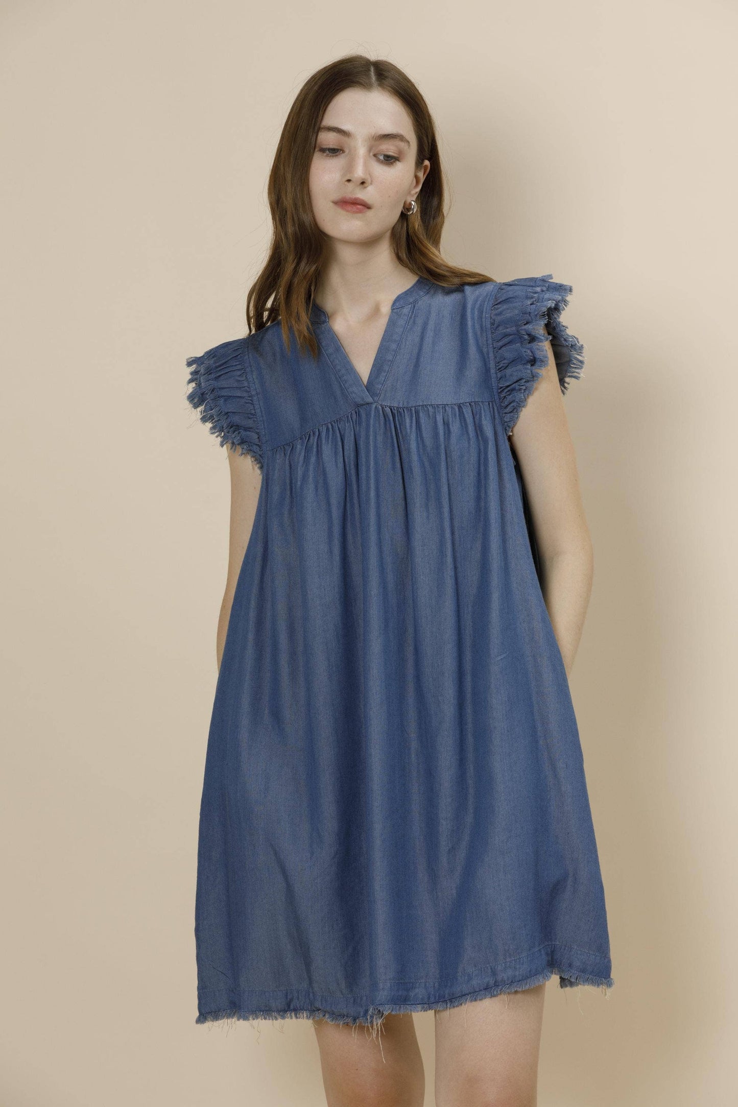 Frayed Sleeve Tencel Denim Mini Dress
