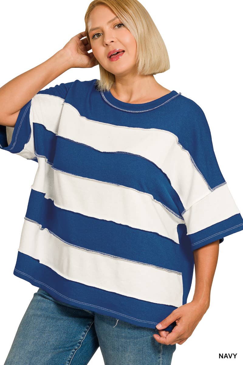 Plus French Terry Striped Exposed Seam Top - Zenana