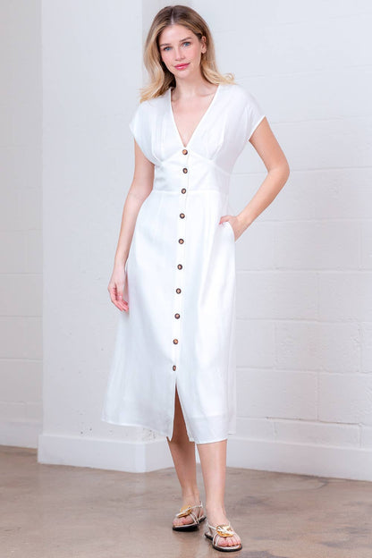 PD20378T-LINEN PLUNGE BUTTON DOWN  A-LINE MIDI DRESS