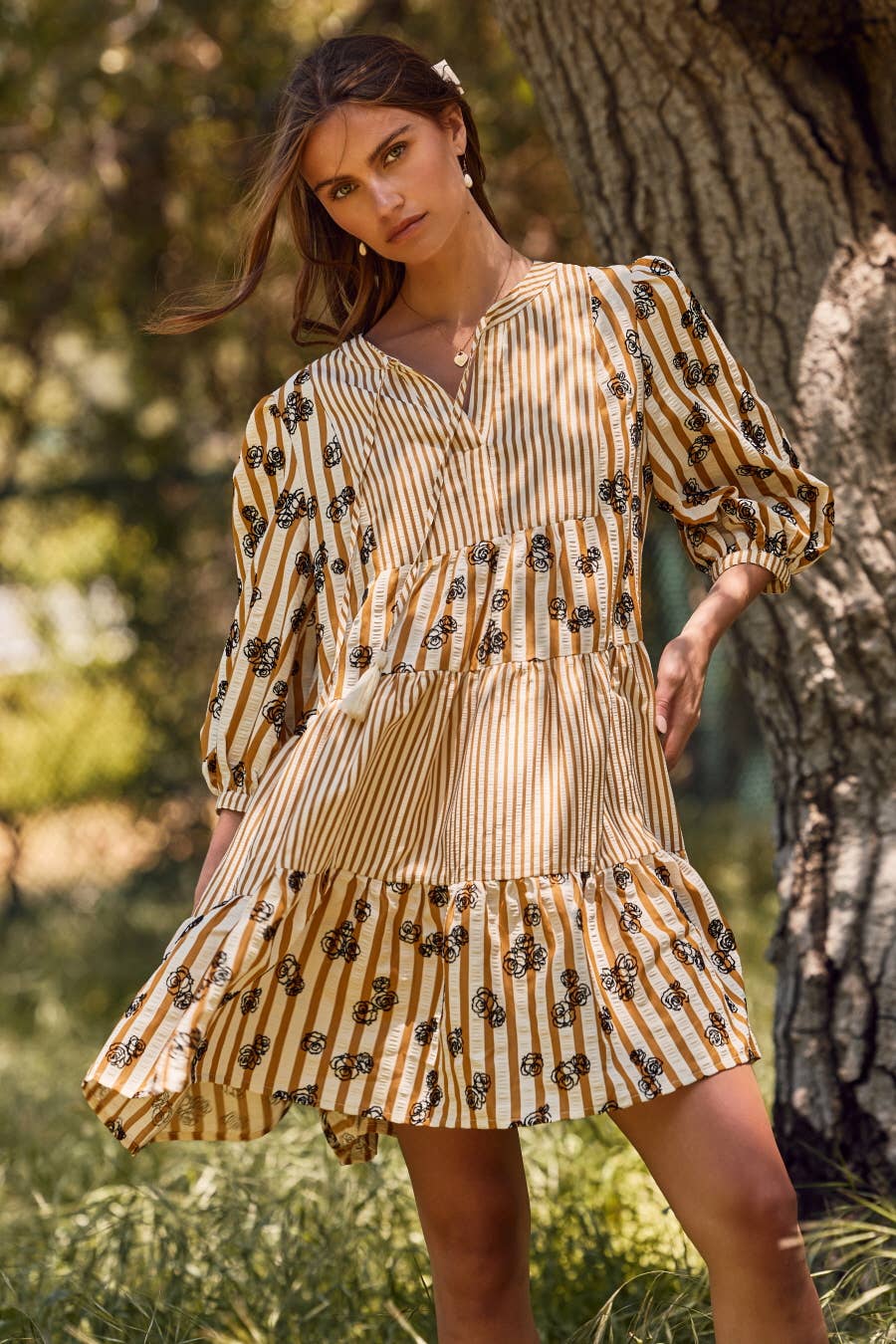 Plus Flocked Floral Striped Baby Doll Dress: Taupe Combo