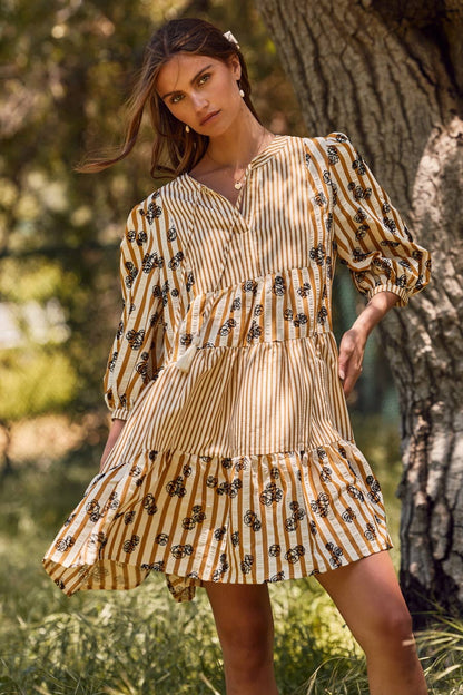 Plus Flocked Floral Striped Baby Doll Dress: Taupe Combo