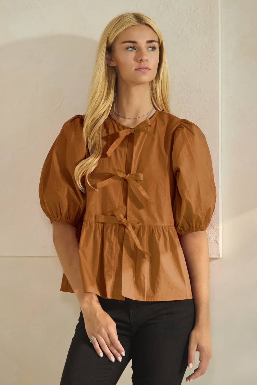 Solid Cotton Poplin Front Tie Ribbon Blouse: Burgundy / M