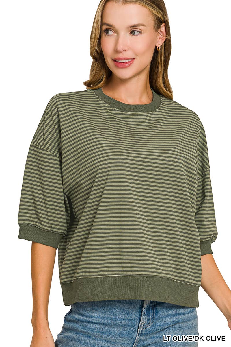 Striped Contrast Trim Banded Bottom Top - Zenana