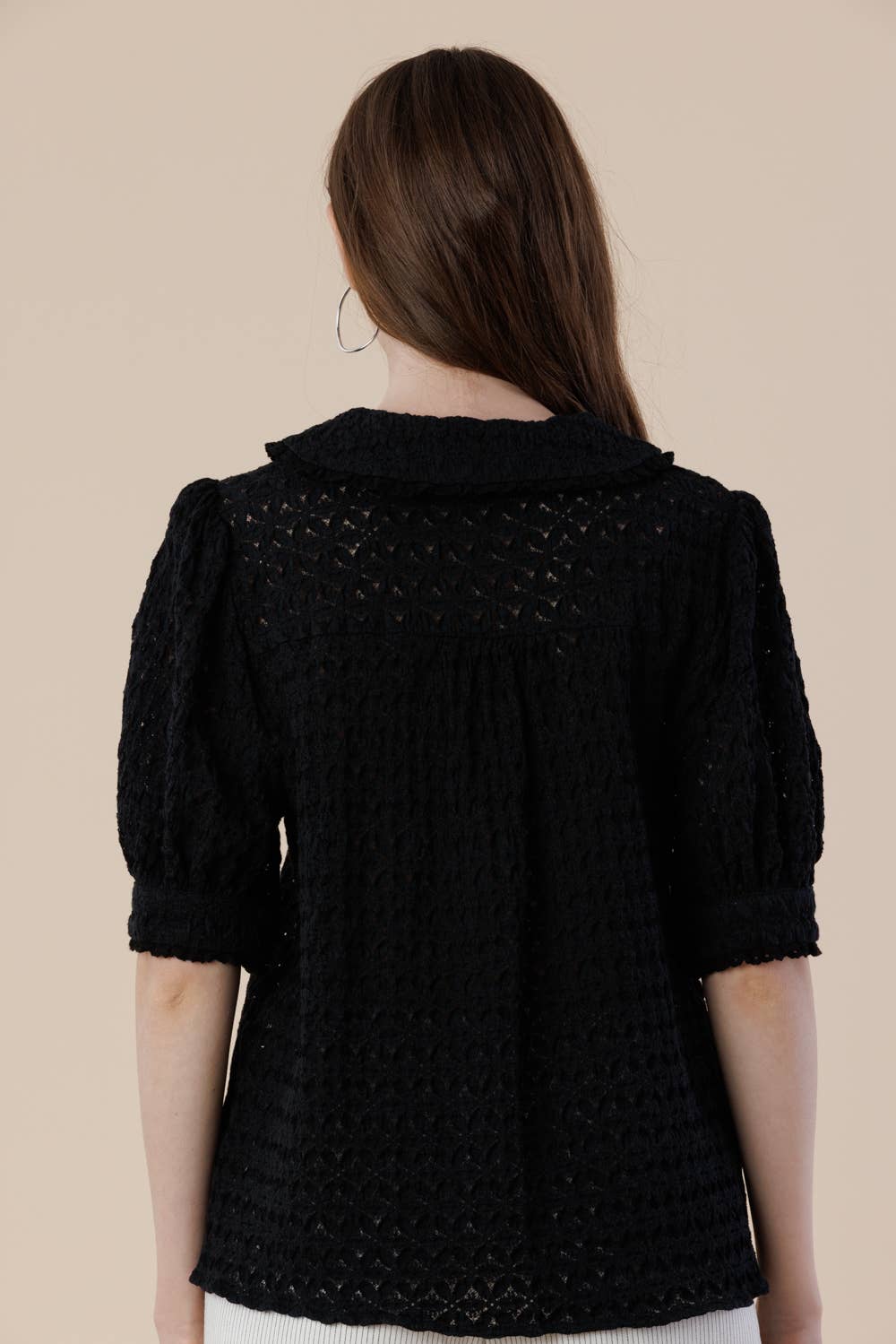 Peter Pan Collar Puff Sleeves Button-up Lace Blouse