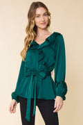 IT3416 - RUFFLED SATIN TOP WITH SELF TIE BELT