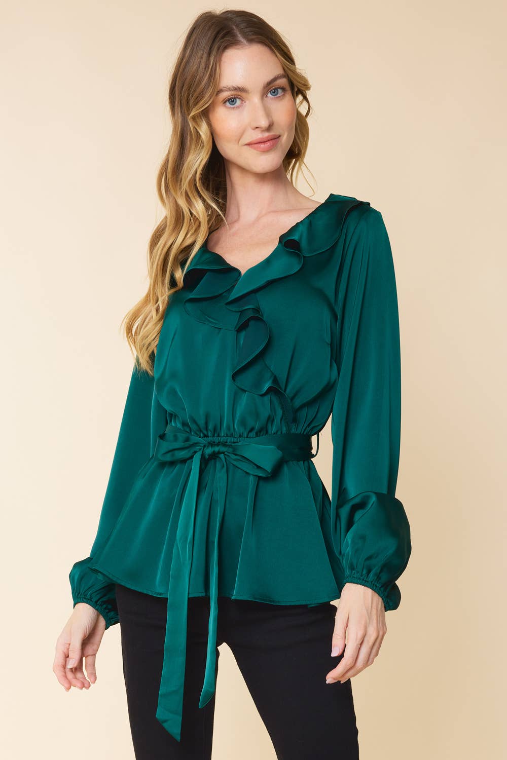 IT3416 - RUFFLED SATIN TOP WITH SELF TIE BELT