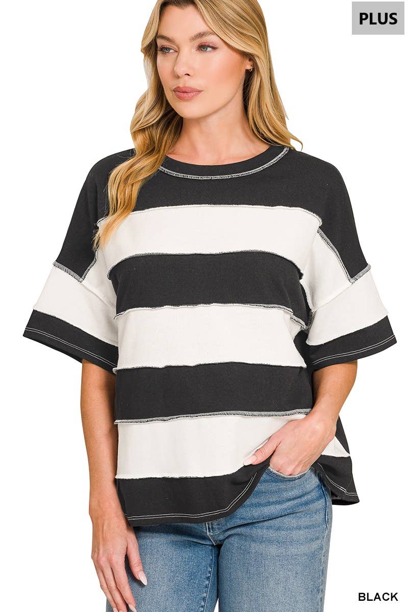 Plus French Terry Striped Exposed Seam Top - Zenana