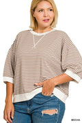 Plus Striped Rib Banded Short Sleeve Pullover