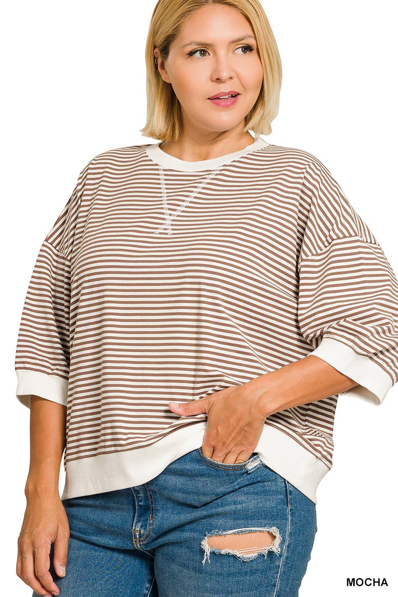 Plus Striped Rib Banded Short Sleeve Pullover