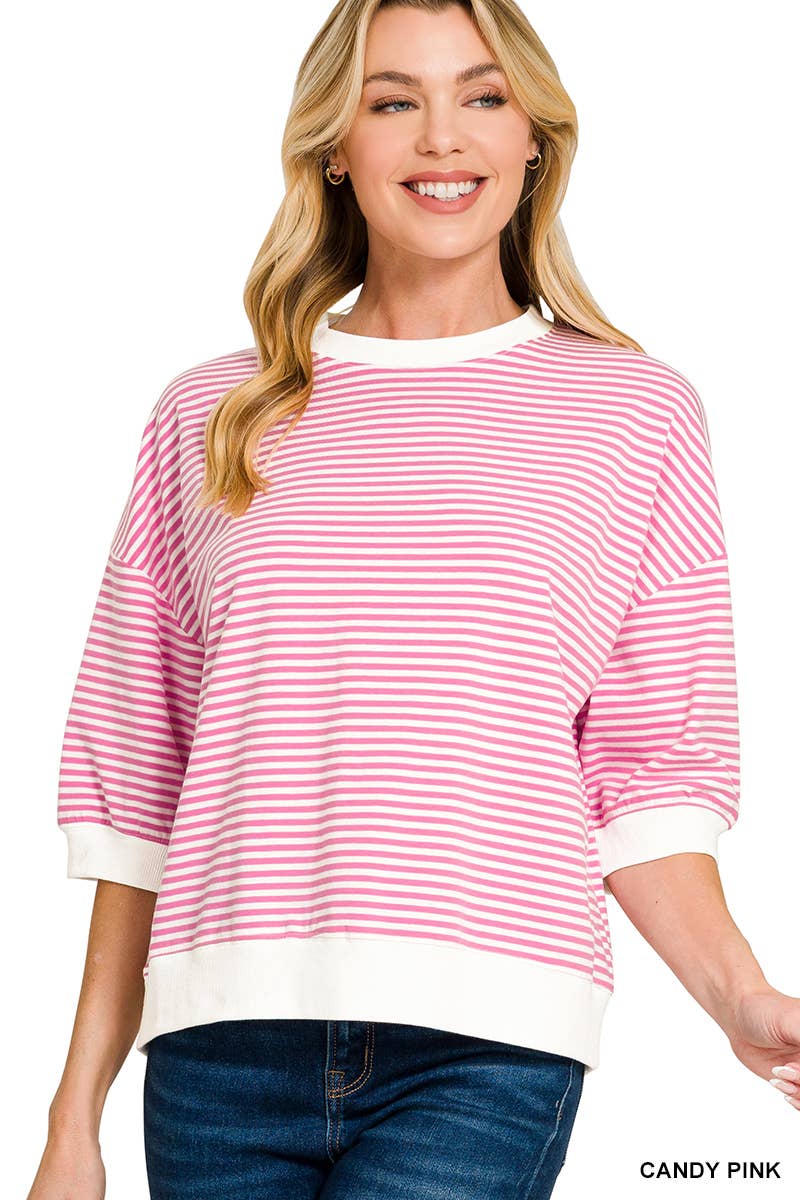 Striped Contrast Trim Banded Bottom Top - Zenana