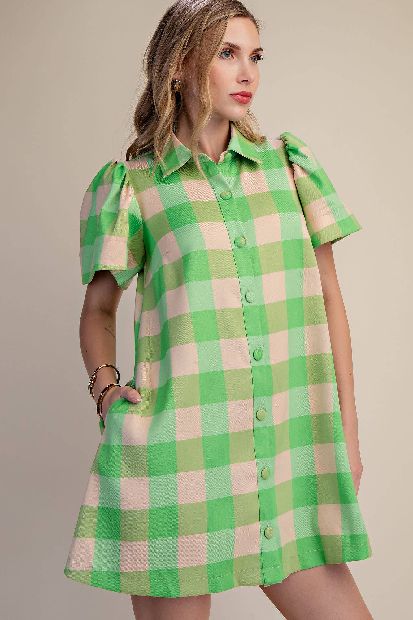 Checkered Mini Dress With Collar Neck Covered Button Down