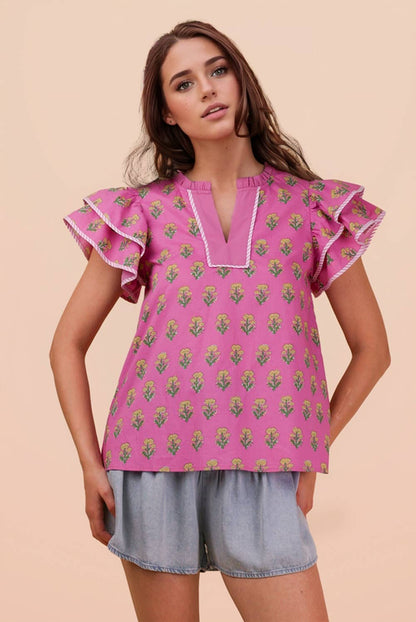 NT12444-Ruffle Sleeve Printed Woven Blouse Top