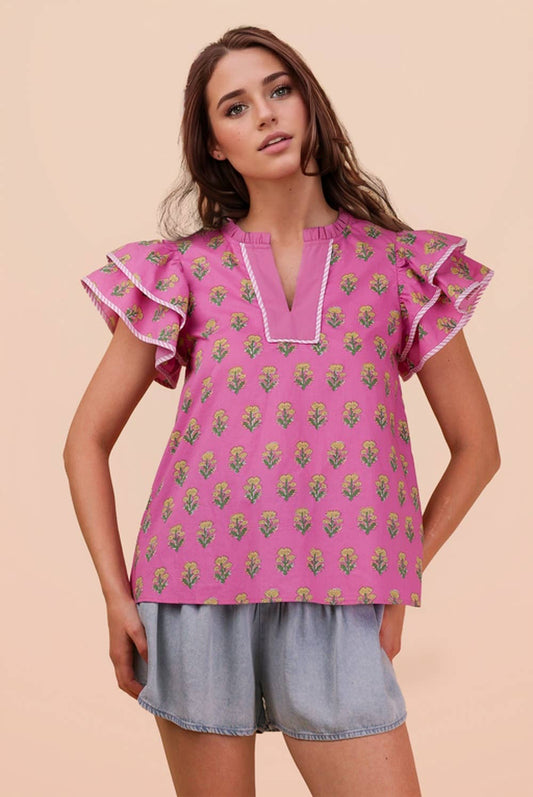 NT12444-Ruffle Sleeve Printed Woven Blouse Top
