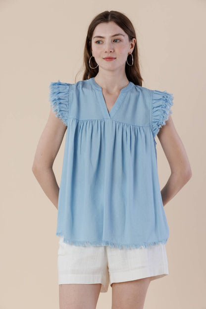 Pre-Washed Tencel Denim Frayed Ruffle Cap Sleeve Top