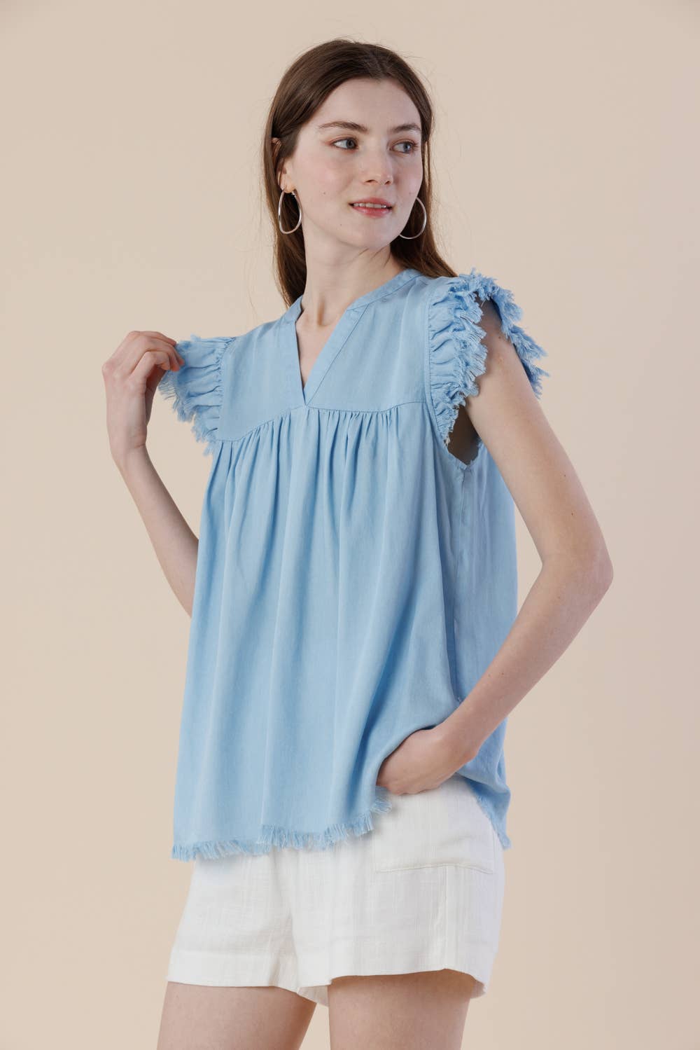 Pre-Washed Tencel Denim Frayed Ruffle Cap Sleeve Top
