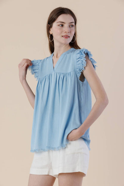 Pre-Washed Tencel Denim Frayed Ruffle Cap Sleeve Top