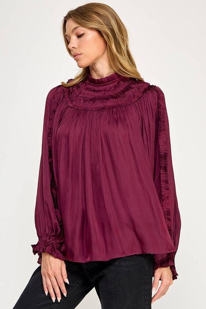 IT3477 - RUFFLED LONG SLEEVES SATIN TOP