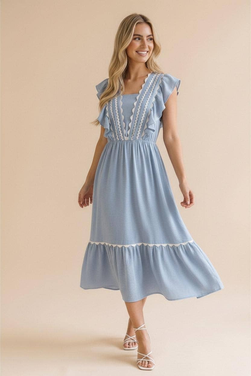 Ric Rac Ruffle Short Sleeve Midi Woven Dress