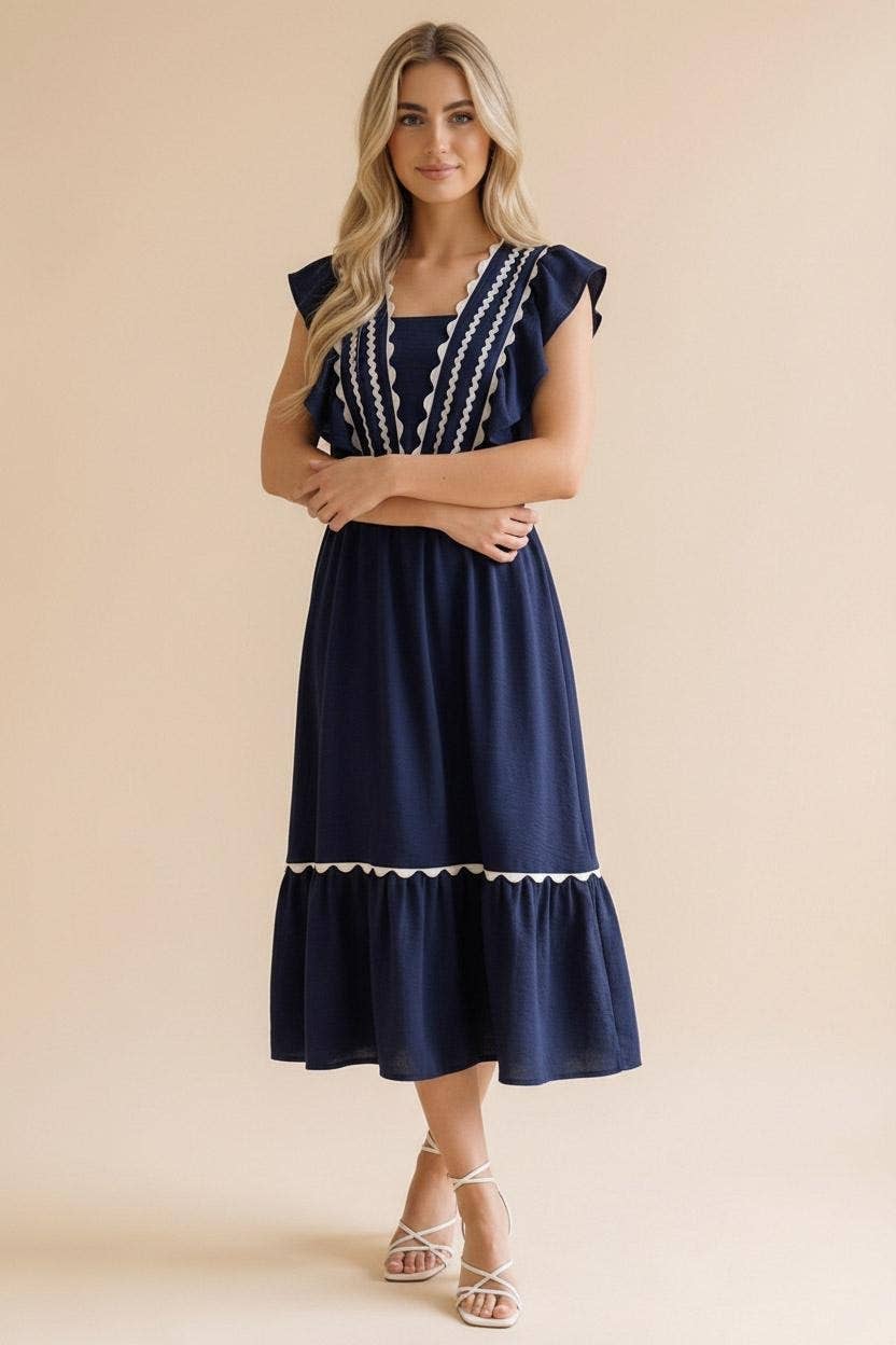 Ric Rac Ruffle Short Sleeve Midi Woven Dress