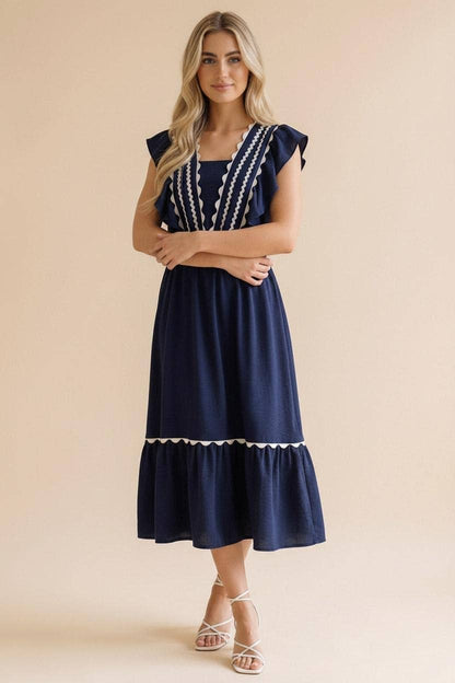 Ric Rac Ruffle Short Sleeve Midi Woven Dress