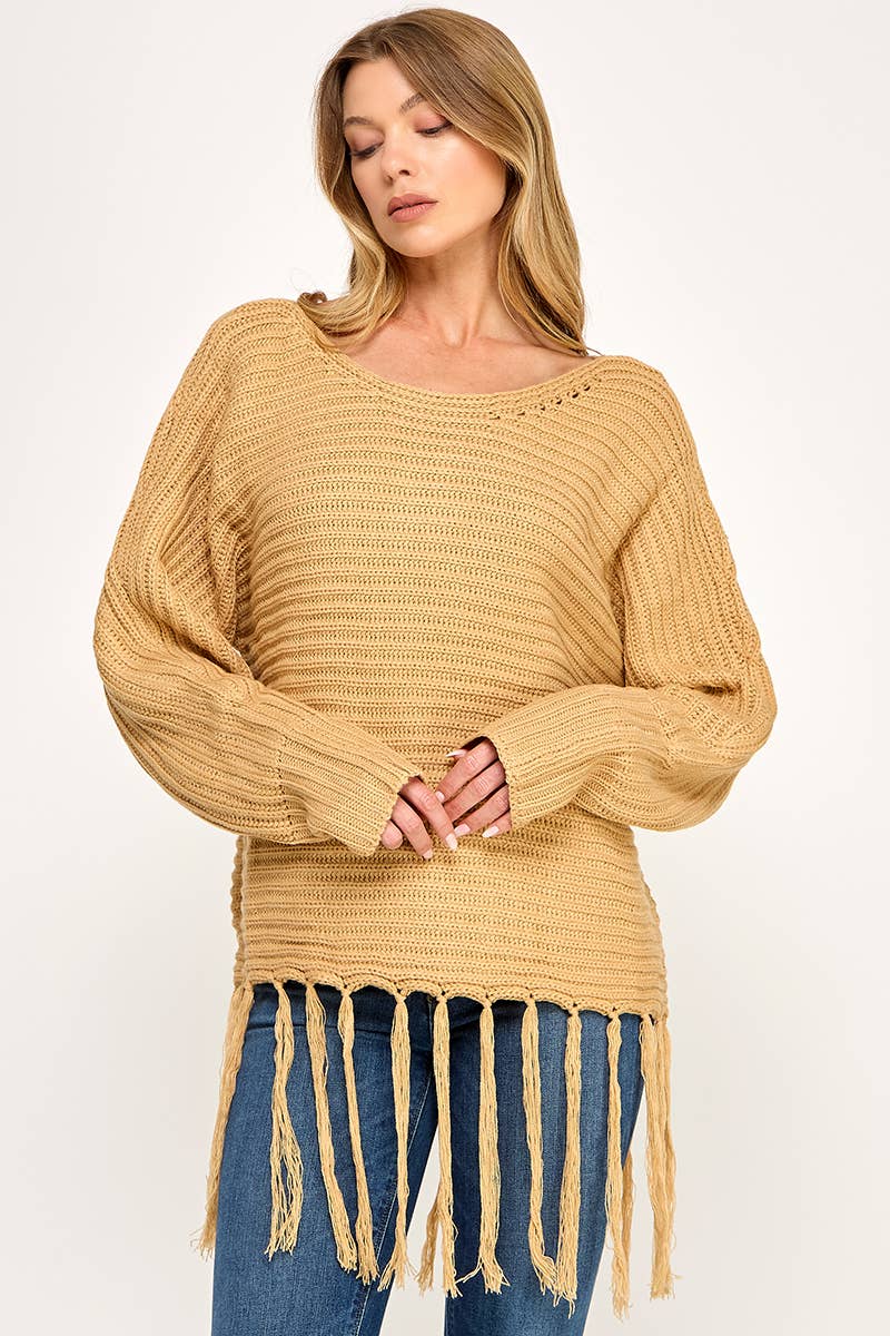 IT3453 - LONG SLEEVE SOLID BOAT NECK SWEATER WITH FRINGE