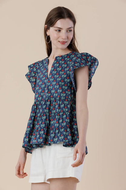 Floral Flutter Sleeve Tiered Blouse with Split Neck