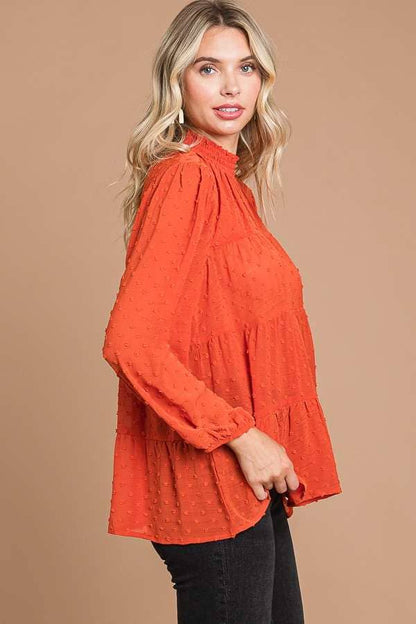 CWT1887Q - SMOCK NECK TIERED 3/4 SLEEVE TOP