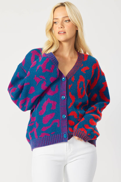 IJ1101 - LEOPARD COLOR BLOCK BUTTON DOWN SWEATER CARDIGAN