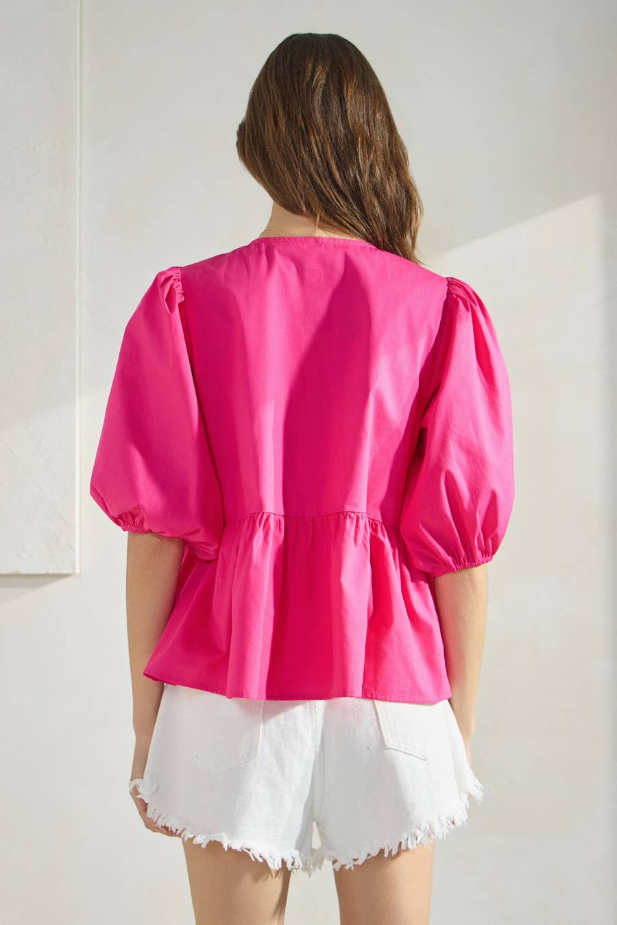Solid Cotton Poplin Front Tie Ribbon Blouse: Burgundy / L
