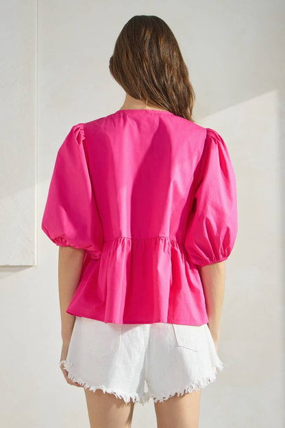 Solid Cotton Poplin Front Tie Ribbon Blouse: Burgundy / L